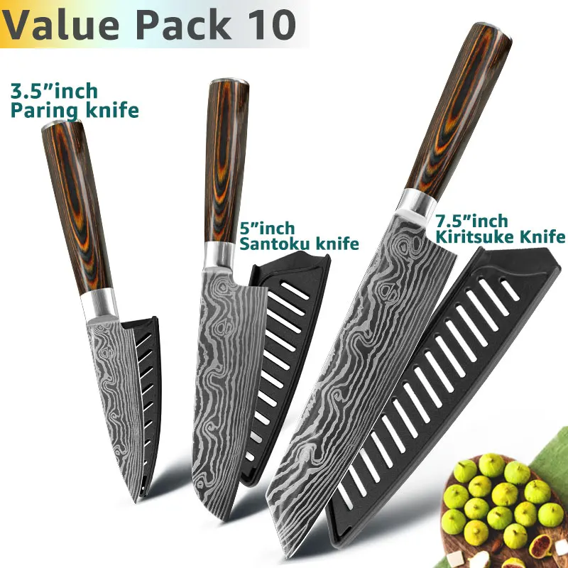 Value Pack 10 Набор кухонных ножей поварские ножи 7CR17 440C из высокоуглеродистой нержавеющей стали дамасский нож для нарезки мяса сантоку набор из 5 предметов - Цвет: Value Pack 10