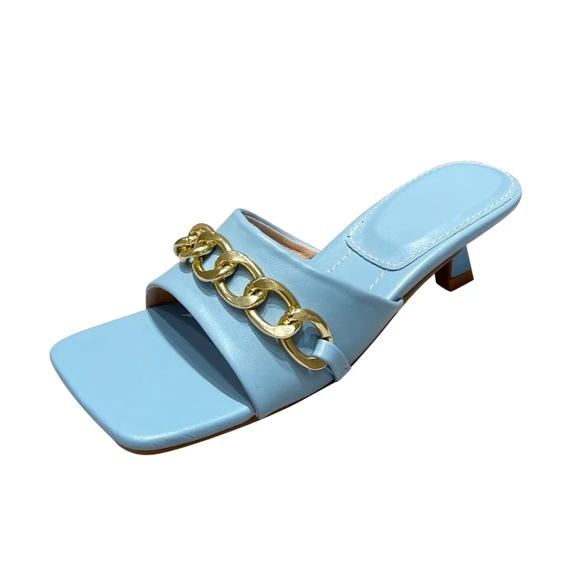 

NEW Summer Elegant Women's Slippers Fashion New Metal Chain Decoration High Heels Mules Slides Pumps Square Toe Ladies Shoes