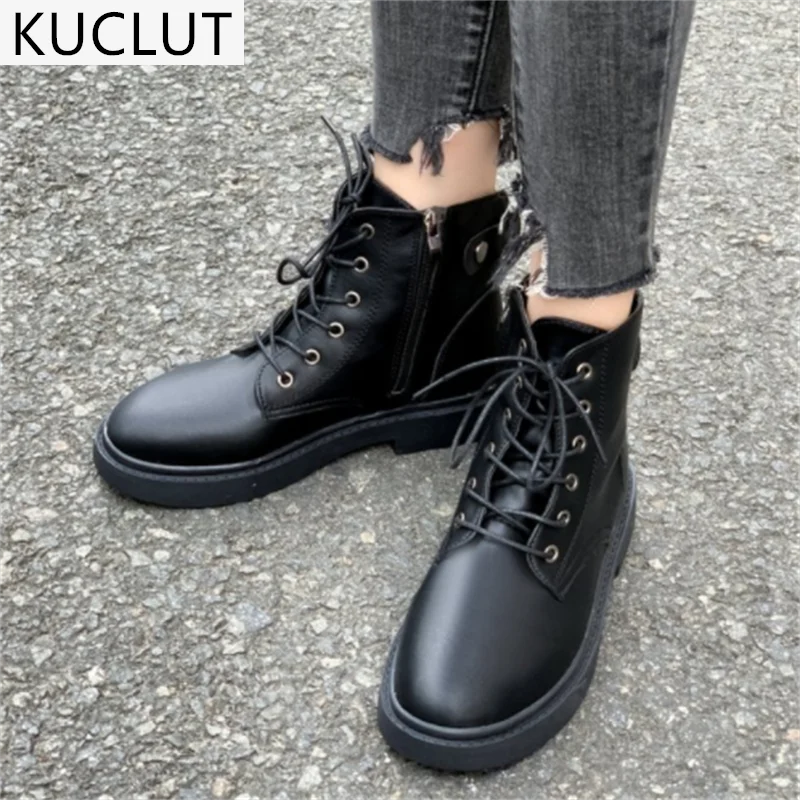 

2021 Autumn New Women's Boots Outdoor Lace-up British Style Martin Boots Fashion Round Head Pu Leather Zipper Women Ankle Boots