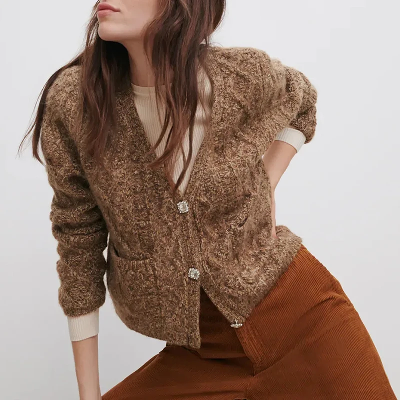 

Women's Pearl Buttons Sweaters Cardigan Jumpers Mujer Knitted Jackets Femme Coats Long Sleeves Cropped Tops Vintage Elegant Knit