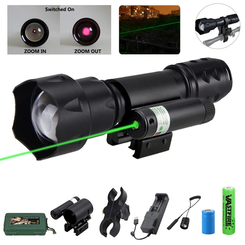 

7W T20 Zoomable Infrared Night Vision Flashlight IR 850nm Hunting Weapon Gun Light Set With Green/Red Laser Dot Scope Sight