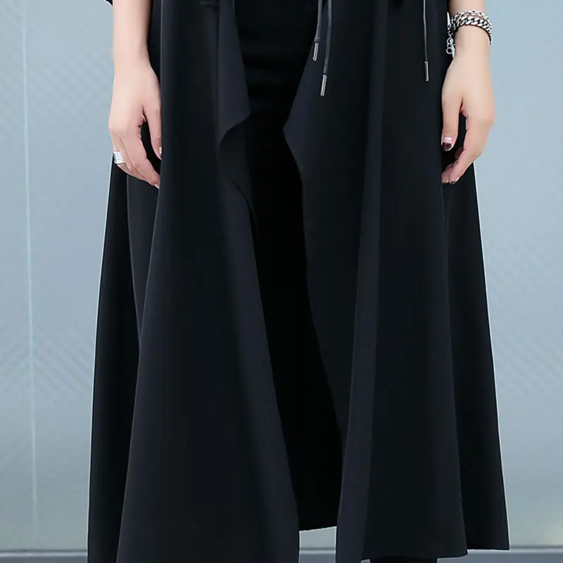 Женский Асимметричный Тренч [XITAO] Черный Повседневный с отложным воротником и