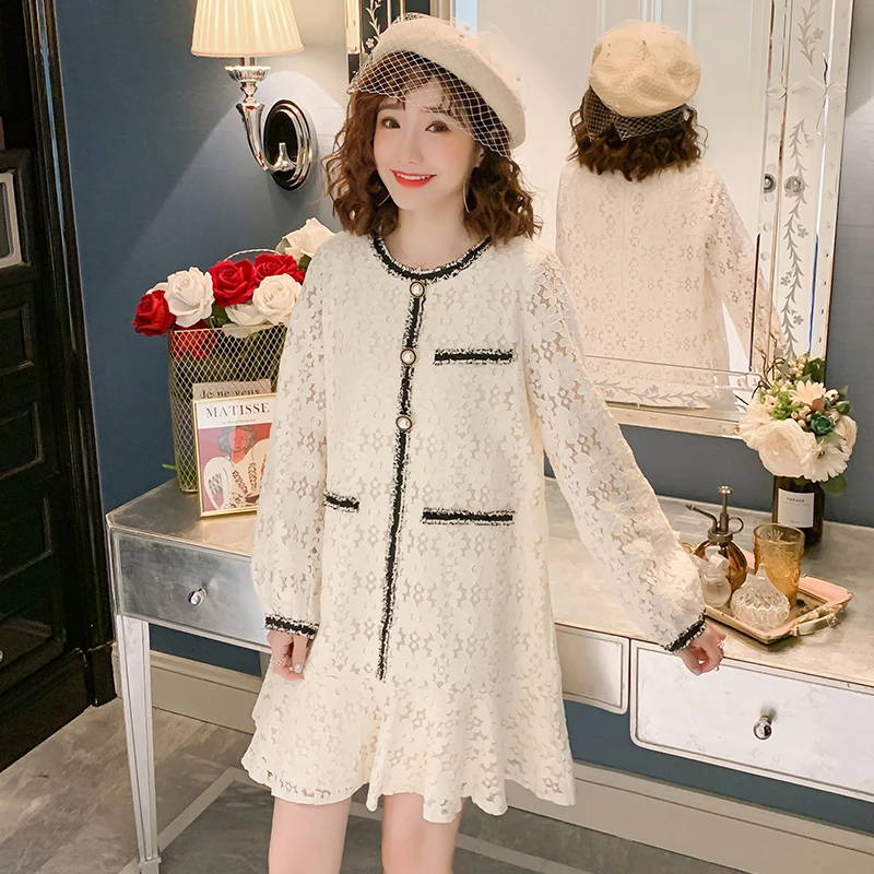 Женское кружевное платье с длинным рукавом свободное приталенное средней длины