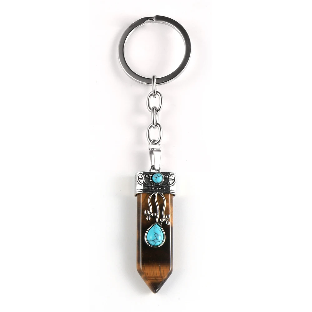 

Natural Gem Stone Hexagonal Cone Key Chain Tiger Eye Pink Crystal Green Tanglin Turquoises Arrow Shape Keyring Keychain Jewelry