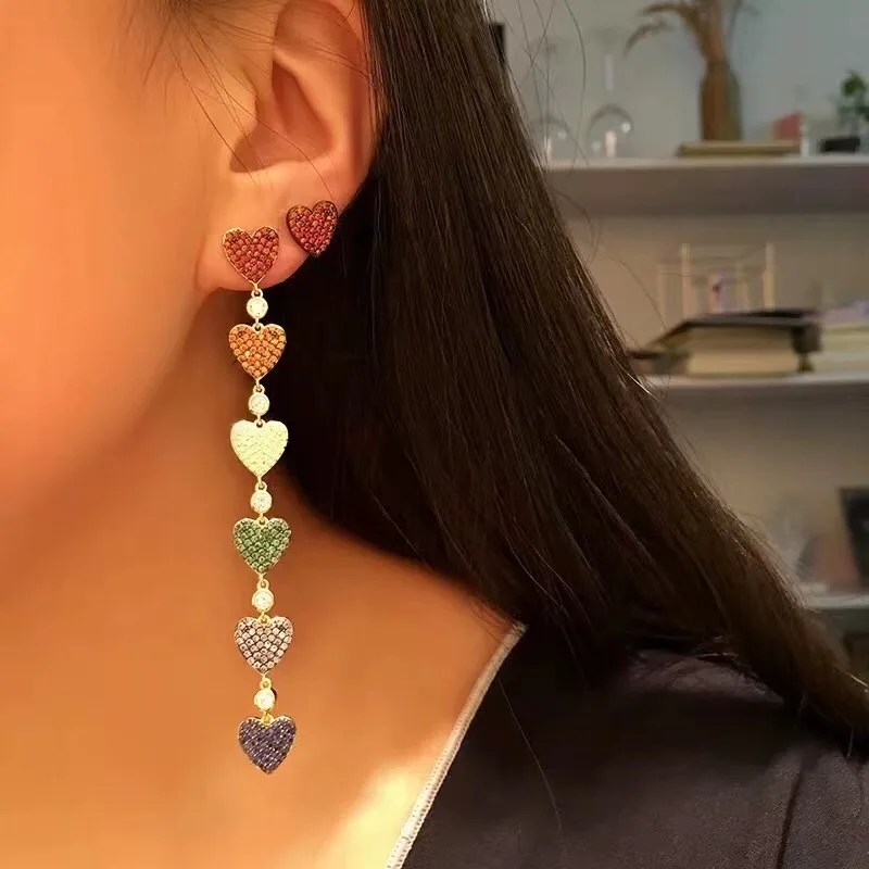 Multicolor Модное корейское разноцветное сердце «любовь» Длинная подвеска с кисточкой Висячие серьги для женщин и девушек модный подарок для ювелирных изделий - Окраска металла: Multicolor