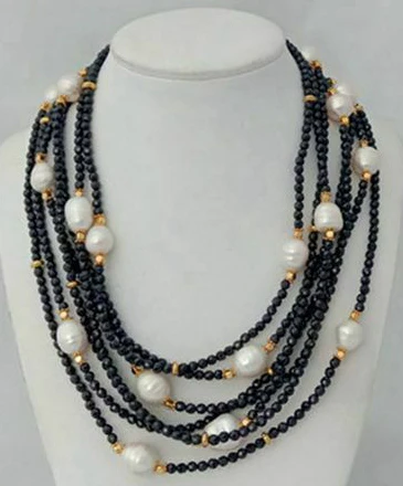 

HABITOO New Design 7 Strands Natural 4mm Faceted Round Black Spinel 11-14mm White Baroque Freshwater Pearl Gold Bead Necklace