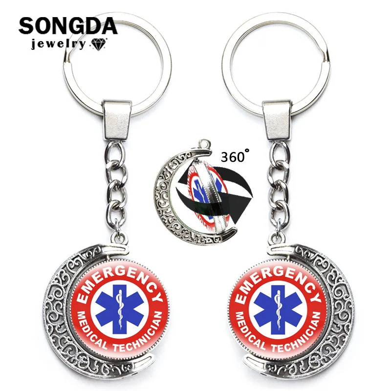 

Emergency Medical Technician Paramedic Symbol Keychain 360 Degrees Rotated Blue Star of Life EMT Sign Moon Metal Pendant Keyring