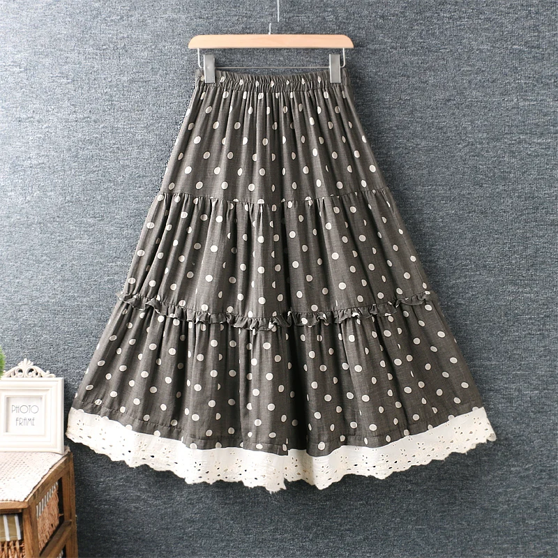 

2020 New Summer Literary Artistic Small Fresh Polka Dot Cotton Linen Loose Long Skirt Elastic Waist Skirt Women