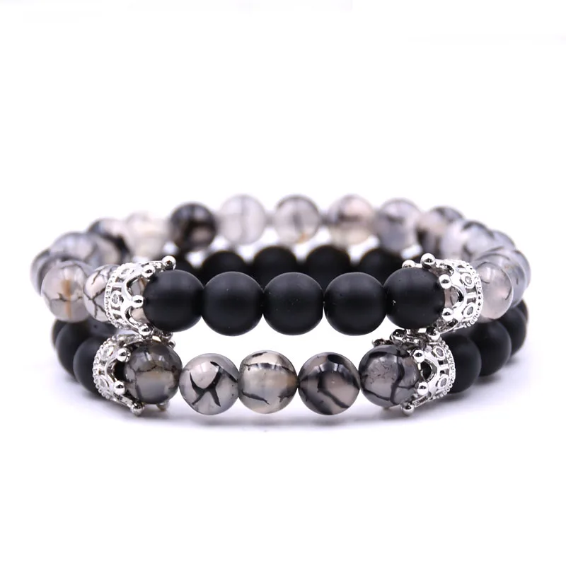 HYHONEY 2pcs/set Couple jewelry Natural stone 8mm Beads Bracelets For Women Pave CZ Crown charm Bracelet Men pulseiras | Украшения и