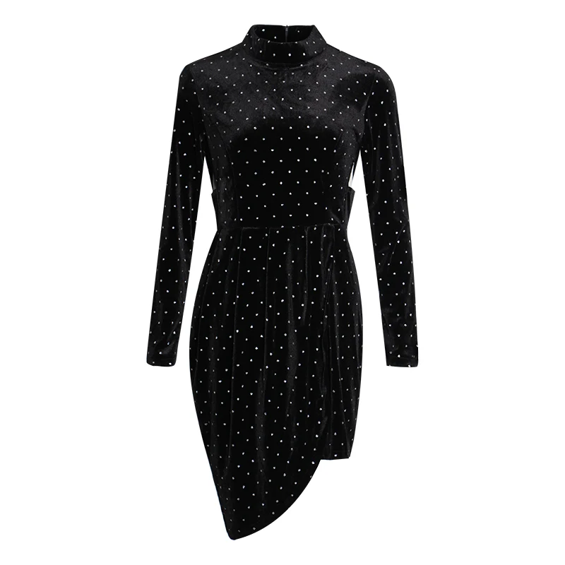 Женское осеннее платье бархатное в горошек асимметричное высокая талия расшитое