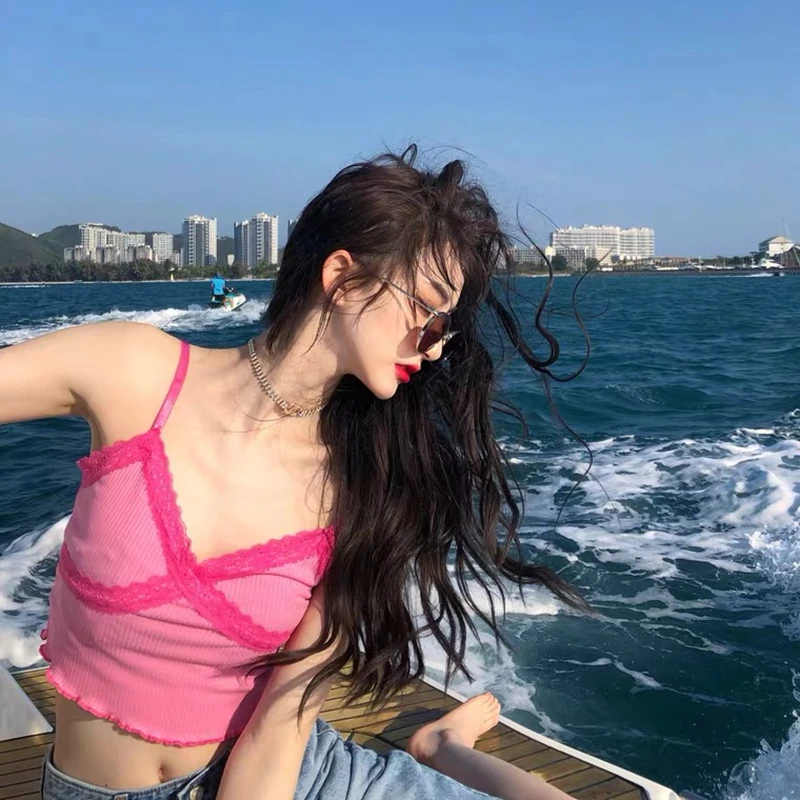 

Y2k Cropped Crop Tank Top Women Sexy Vest Lace Ribbed V Neck Cute Crop Top Pink Clothes Spaghetti Strap Top