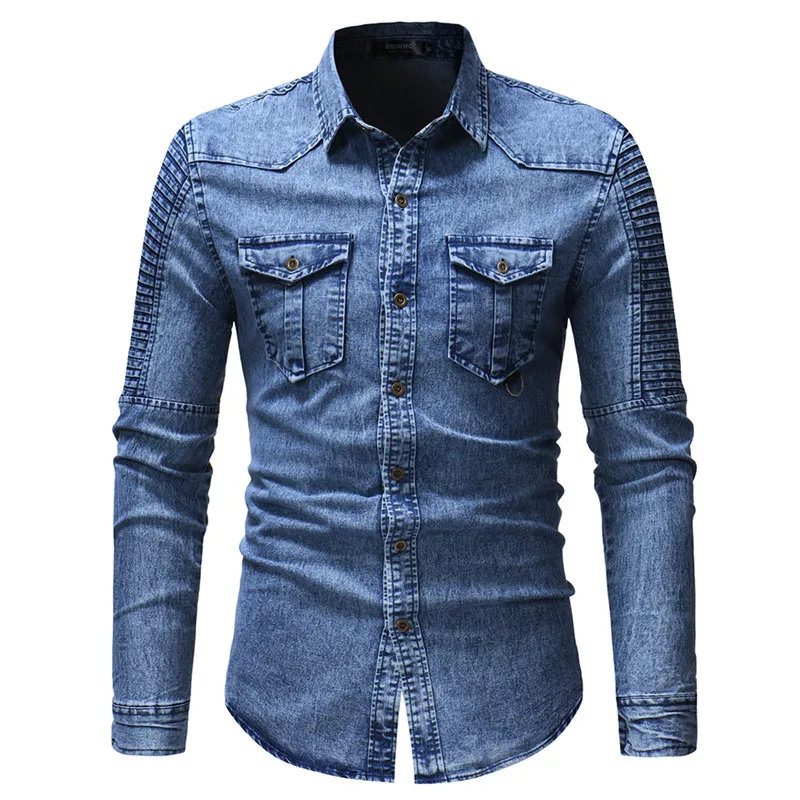 

Denim Shirt Mens Cotton Jeans Shirt Fashion Autumn Slim Long Sleeve Cowboy Shirts Stylish Wash Slim Tops Dress