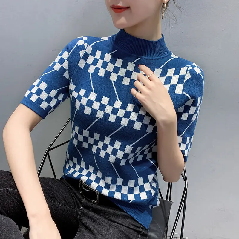 

New Knitted Short-sleeved T-shirt Female Foreign Style Inside Korean Semi-high Collar Bottom Slim Top Female