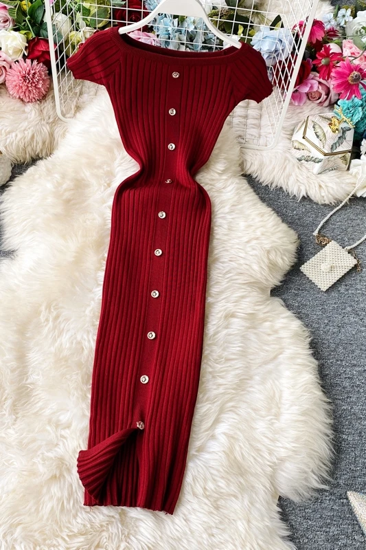 

2021 new women's knitted strawberry dress sexy one line collar single breasted Street dress Pink Bodycon Dress