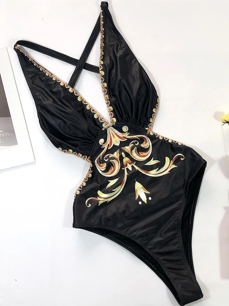 

Women One Piece Black Swimsuit National Print Swimwear Sexy Deep V Momokini Summer Beach Bathing Suit Bikinis Swim Wear