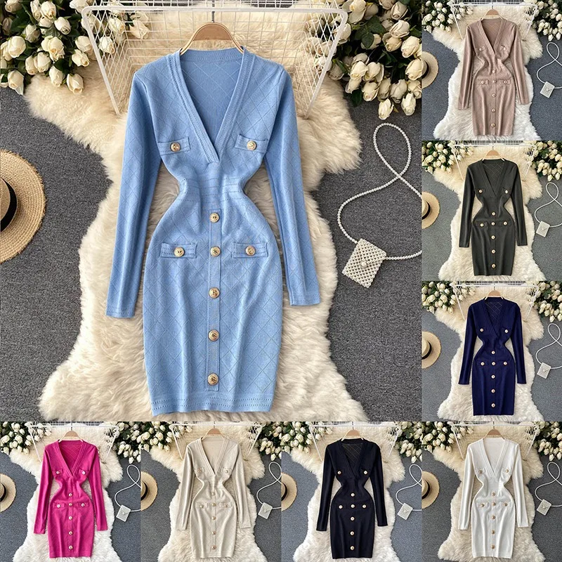 

Women Knitted Pencil Dress Korean Long Sleeve V Neck Elastic Slim Dress Autumn Winter Sexy Bodycon Warm Sweater Dress