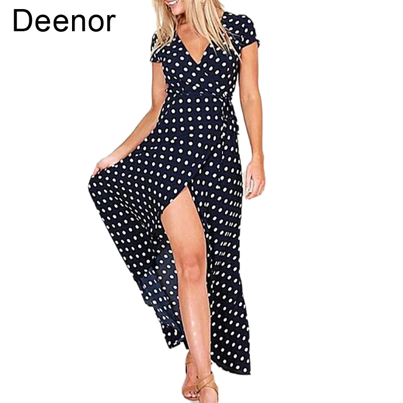 

Deenor Women Dresses Summer Fashion Polka Dot Split Boho Dress Women Clothing Casual Beach Vacation Long Dresses Vestido