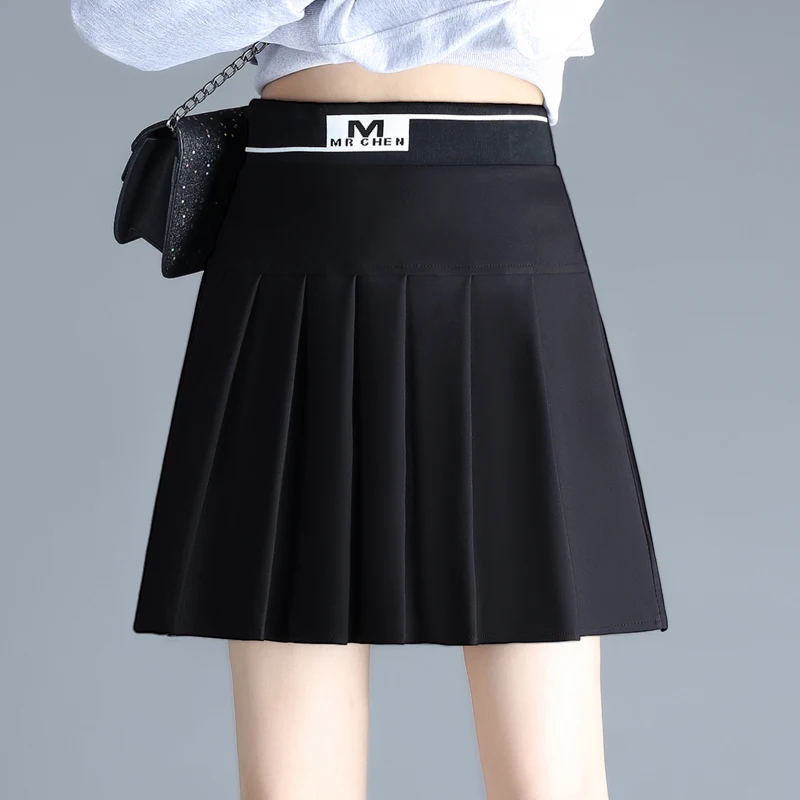 

Летняя плиссированная юбка для девочек с надписью, новинка 2021, юбка-трапеция в Корейском стиле с высокой талией, тонкая универсальная черна...
