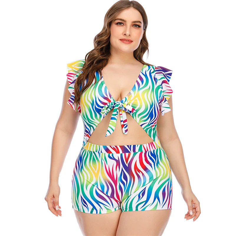 

2023 New Women Plus Size 4XL Swimwear One Piece Tie Knot Ruffled Swimsuit Vintage High Waist Shorts Beach Suit Bodysuit