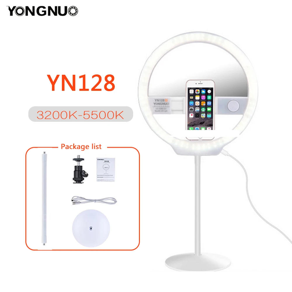 

Кольцевой светильник для селфи YONGNUO YN128, камера для фотостудии, телефон 128, светодиодный кольцевой светильник 3200-5500K, кольцевой светильник с р...
