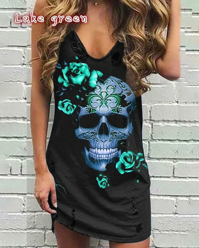 

Skull Print Women Sleeveless Shirt Dress Summer Gothic Style Ladies Casual V Neck Loose Short Mini Dresses Tank