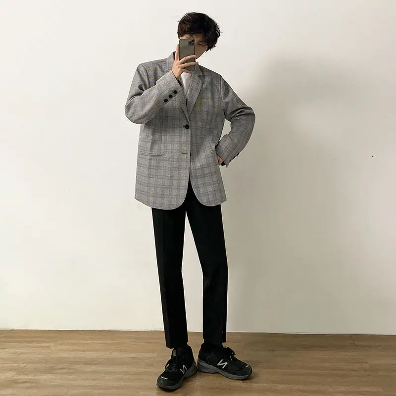 

2020 Autumn New Youth Popular Korean Men's Plaid Loose Single-breasted Back Slit Suit Fashion Casual All-match Jacket Gray M-2XL
