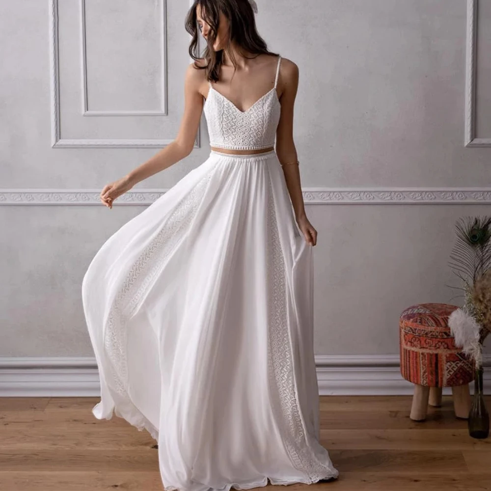 

LOVE Spaghetti Strap Sashes Sleeveless Wedding Dresses 2022 Floor-Length Chiffon Lace Bridal Gowns A Line White свадебное платье