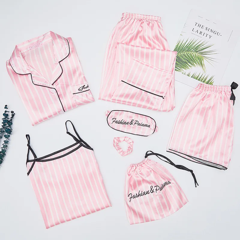 

Пижамный комплект женский из 7 предметов, розовая пижама в полоску из искусственного шелка, комплект для сна, домашняя одежда, весна-лето