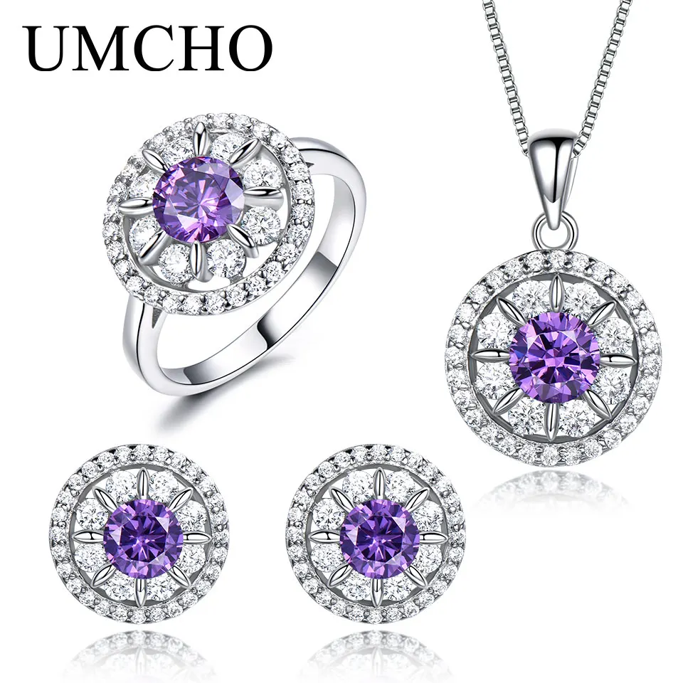 

UMCHO Solid 925 Sterling Silvr Rings Necklace Stud Earrings Nano Amethyst Jewelry Set For Women Wedding Party Gift Whit Chain