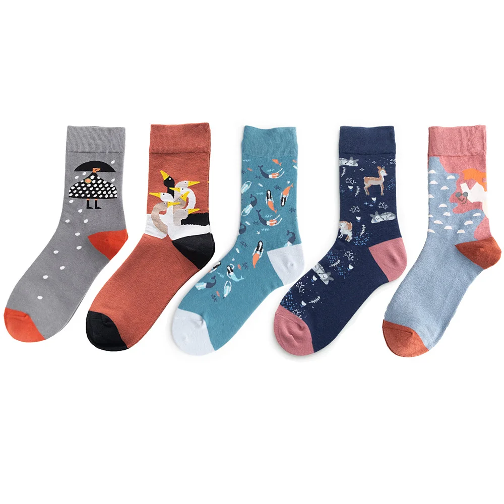 

5 Pair/Lot New Trendy Socks Women Literary Retro Men and Women Socks Cotton Tube Socks Creative Socks Lovers Funny Trendy Socks