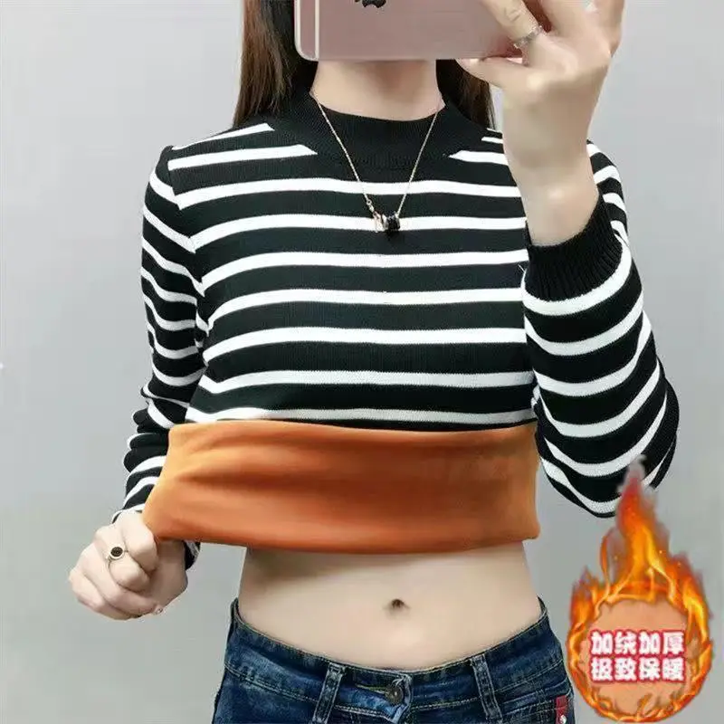 

Woman Tshirts T-shirt Female Autumn and Winter Striped Long-Sleeved Top Turtleneck Female Tops Mujer Camisetas