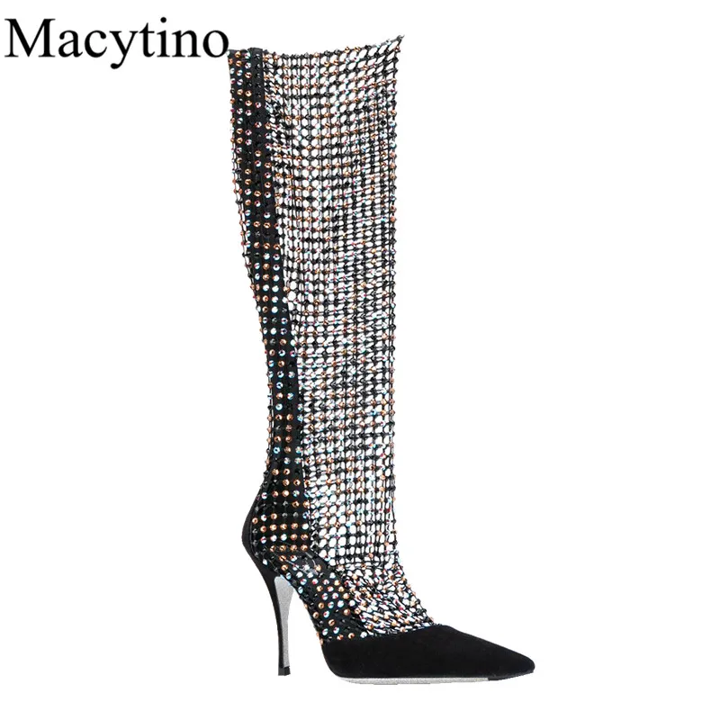 

Summer ladies high heel sandals rhinestone hollow long tube stiletto sandals fashion party sandals