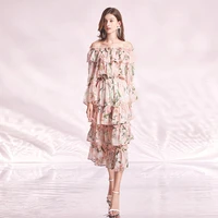 2021 new summer fashion runway elastic waist plus size dress women pink floral print slash neck tiered cake elegant maxi dresses