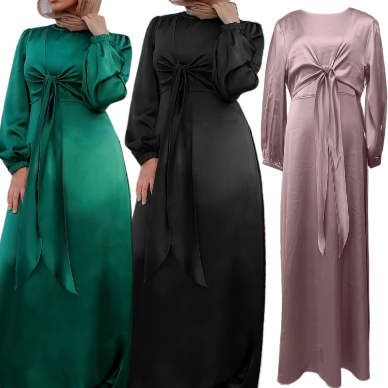 

Fashion Long Sleeve Muslim Dress Solid Color Elegant Women's Modest Wear Clothing Lace Up Turkey Kaftan Eid Robes