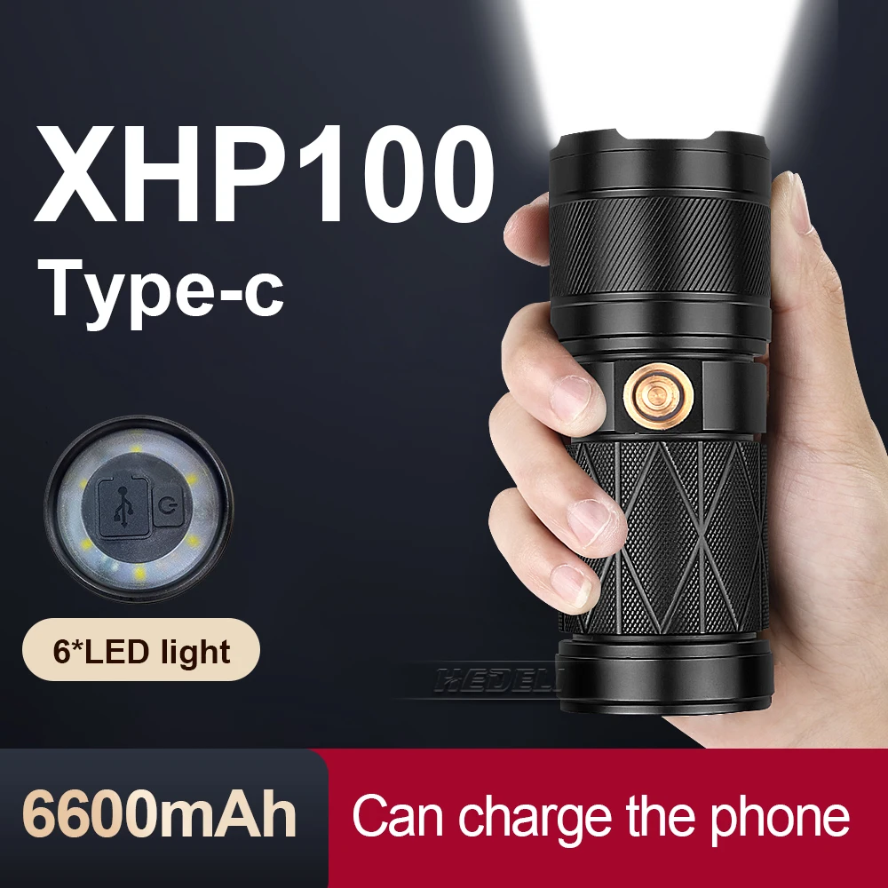 Фото XHP100 + 6 * светодиодный мощный тактический фонарик встроенный аккумулятор