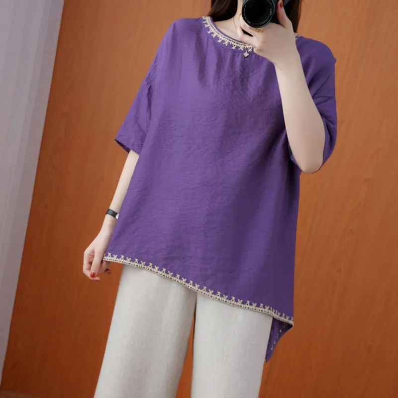 

Oversized Women Cotton Linen Casual T-shirts New Arrival 2021 Summer Simple Style Vintage Embroidery Loose Female Tops S3414