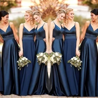 navy blue a line bridesmaid dresses spaghetti straps satin floor length wedding party dress maid of honor dress custom