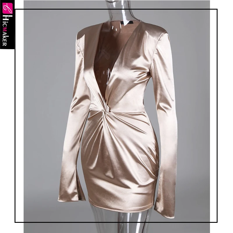 Plunge Twisted Design Slit Cuff Dress Women Chic Long Sleeve Bodycon Solid Spring Fall Sexy& Club Party Dress