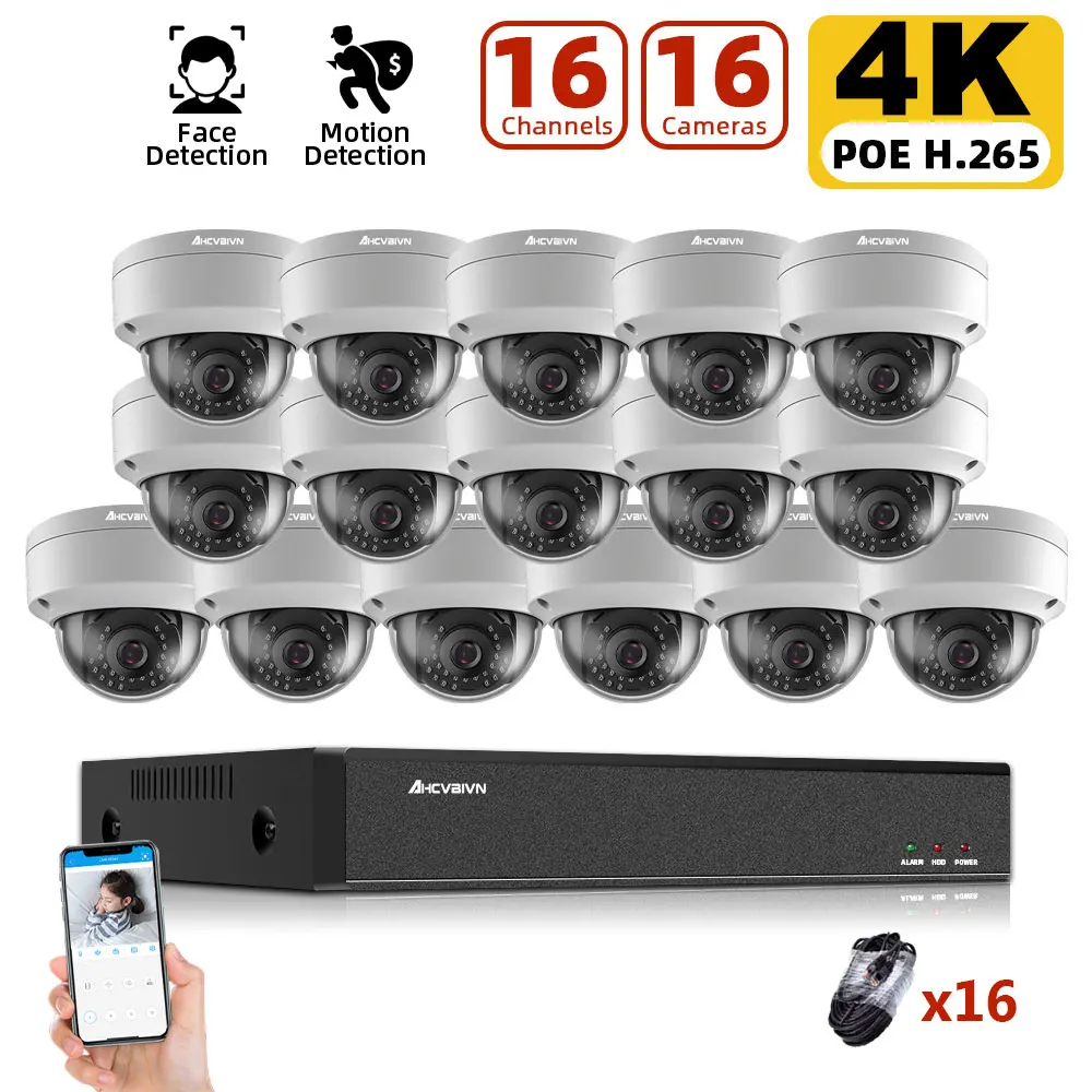 

Камера видеонаблюдения AHCVBIVN H.265 + 16 каналов, 4K POE NVR, AI-камера для обнаружения лица, система ночного видения 8 Мп, POE IP-камера XMEYE