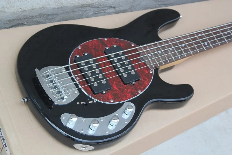 

5 Strings Bass Ernie Ball StingRay Black Electric Bass Guitar Wine Pearl Pickguard, 9V Battery Active Wires, Drop Shipping
