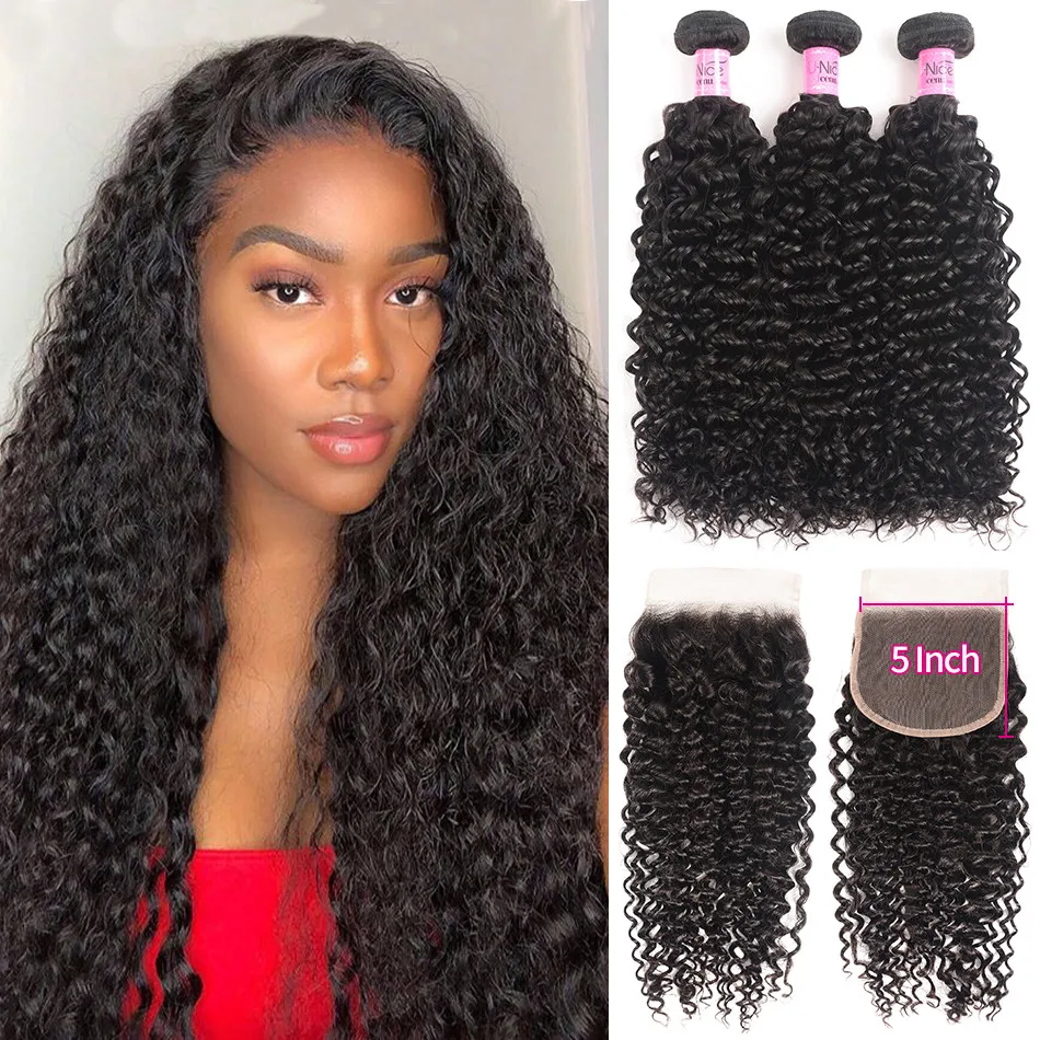 UNICE Hair Curly Bundles With 5X5 Closure Brazilian Weave 4pcs Remy Human 3 | Шиньоны и парики