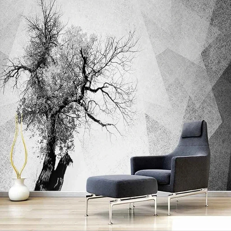 

Custom 3D Mural Wallpaper Modern Abstract Art Black And White Squares Plaid And Trees Wall Paper Home Decor Living Room Bedroom