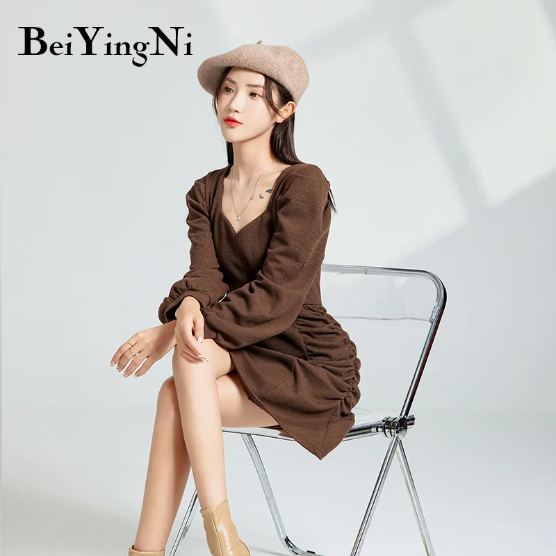

Женское трикотажное платье-свитер Beiyingni, винтажное Повседневное платье-свитер с оборками, длинным рукавом и V-образным вырезом, трапециевид...