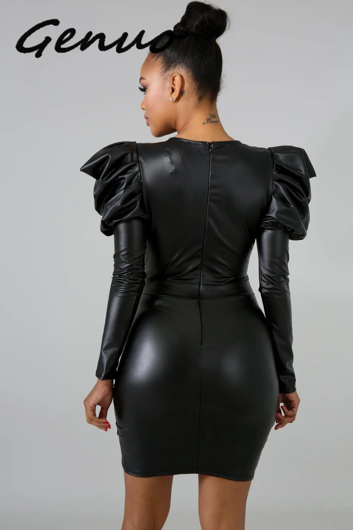 Genuo Новое Женское Платье из искусственной кожи с длинным рукавом металлическим