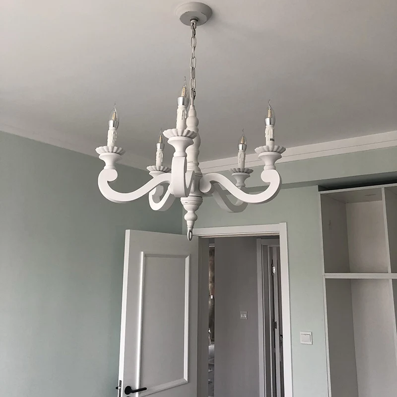 

Aged White wood chandelier 6 lights farmhouse vintage french style chandelier lighting kitchen foyer bedroom dining loft nordic