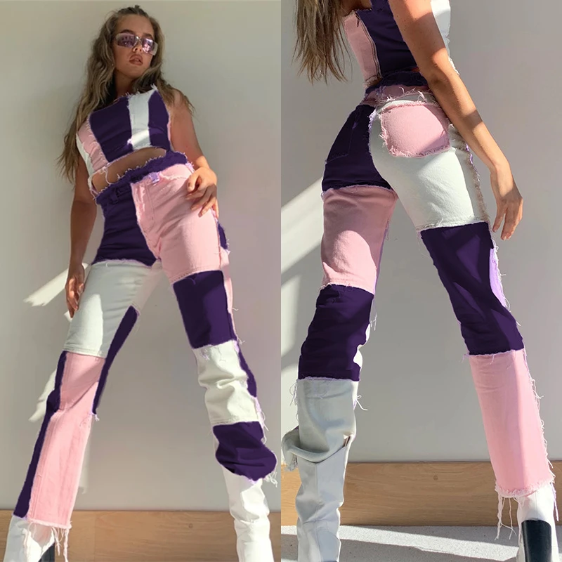 

2020 New Streetwear Jeans For Women High Waist Hip Hop Straight Denim Trousers Patchwork Design Causal Ladies jean Pants Femme