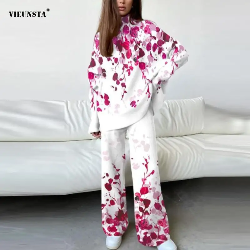 

Женский спортивный костюм из 2 предметов, Повседневный пуловер с высоким воротником и принтом и длинные брюки с эластичным поясом, весна 2022