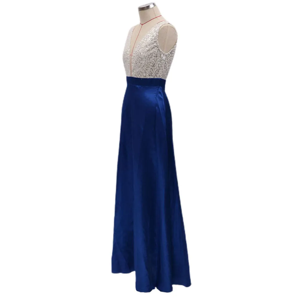 

Sequined Long splice Wedding Party Dresses Women's Sleeveless V-neck Blue A-line Elegant Chiffon Dresses Bridesmaid Dinner Dress