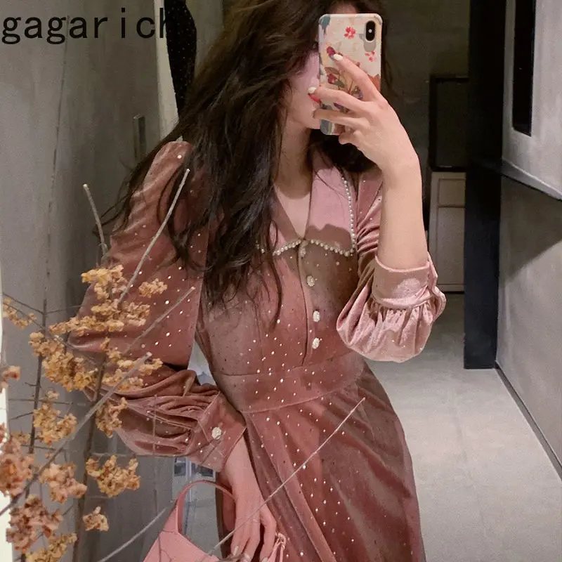 Gagarich однотонное платье 2022 Весна французский стиль Хепберн бисер кукольный