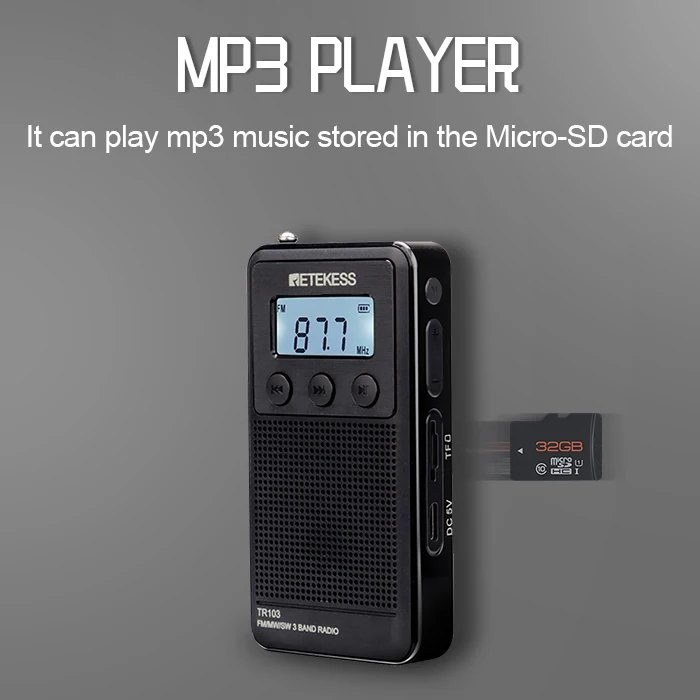 Retekess TR103 карман портативное мини-радио FM/MW/SW Цифровая настройка радио 9/10 кГц MP3 музыкальный плеер с Перезаряжаемые Батарея
